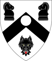Argent, on a chevron between two chess knights and a wolf's head cabossed sable a plate