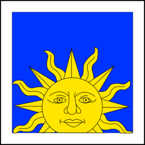 Order of the Solar Phoenix Quarterly azure and argent, a phoenix gules issuant from flames in base Or, within a bordure embattled gules.