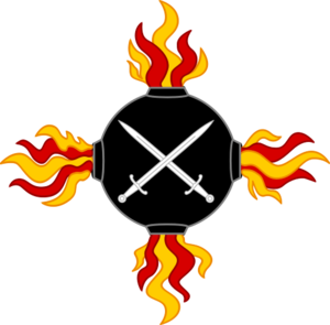 Insignia of the Solar Warlord of The Principality of the Sun "Azure, a  fireball proper charged with two swords in saltire, argent"